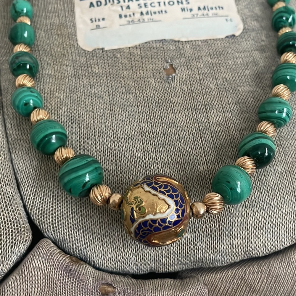 Vintage Malachite Gemstone Cloisonné Dragon Necklace - Picture 13 of 14